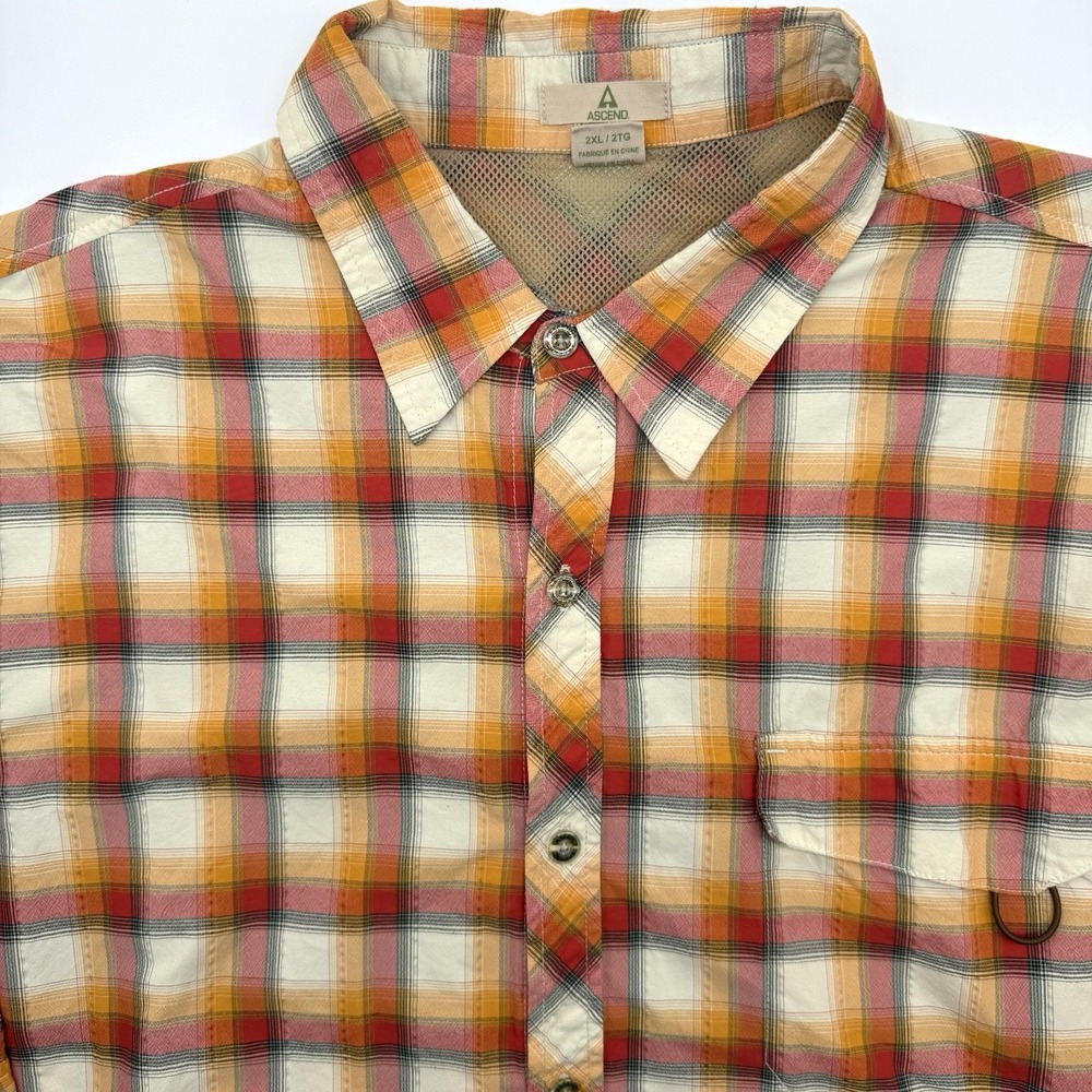 Ascend Button Up Shirt Mens 2XL Orange Plaid Short Sleeve Wicking Hiking Outdoor